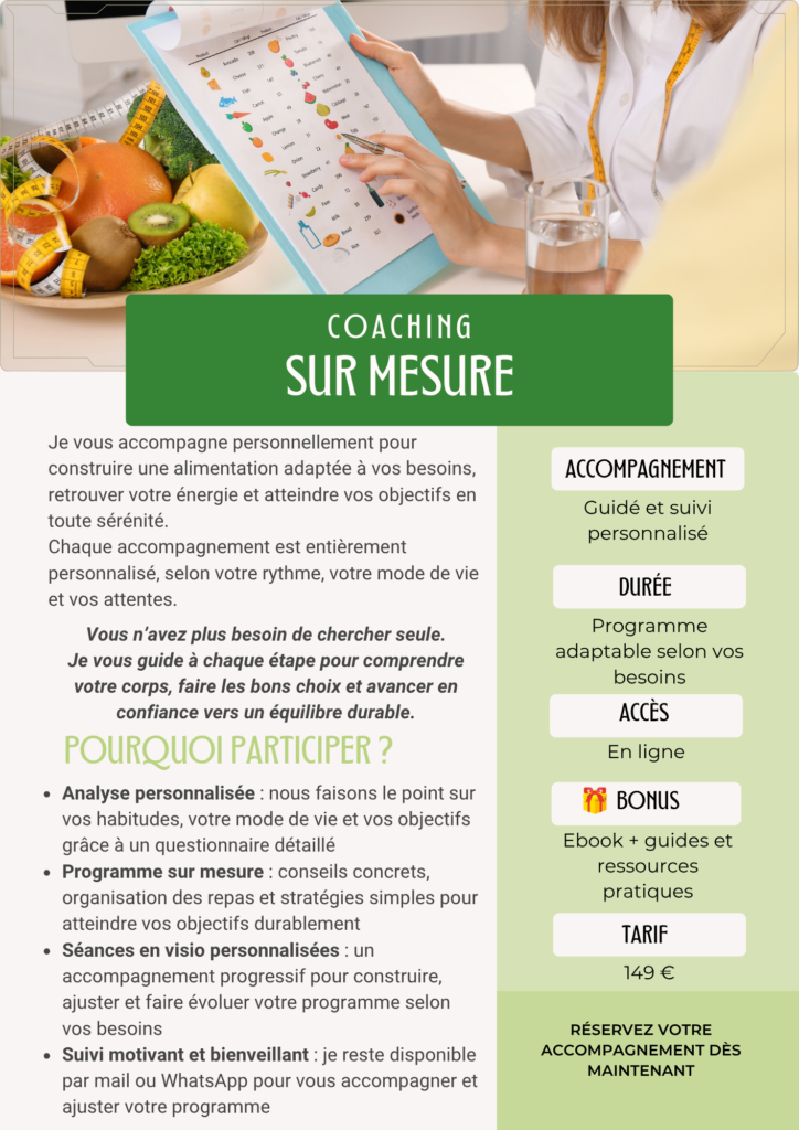 Coaching en nutrition sur mesure avec accompagnement personnalisé adapté aux besoins et objectifs de chacun.
