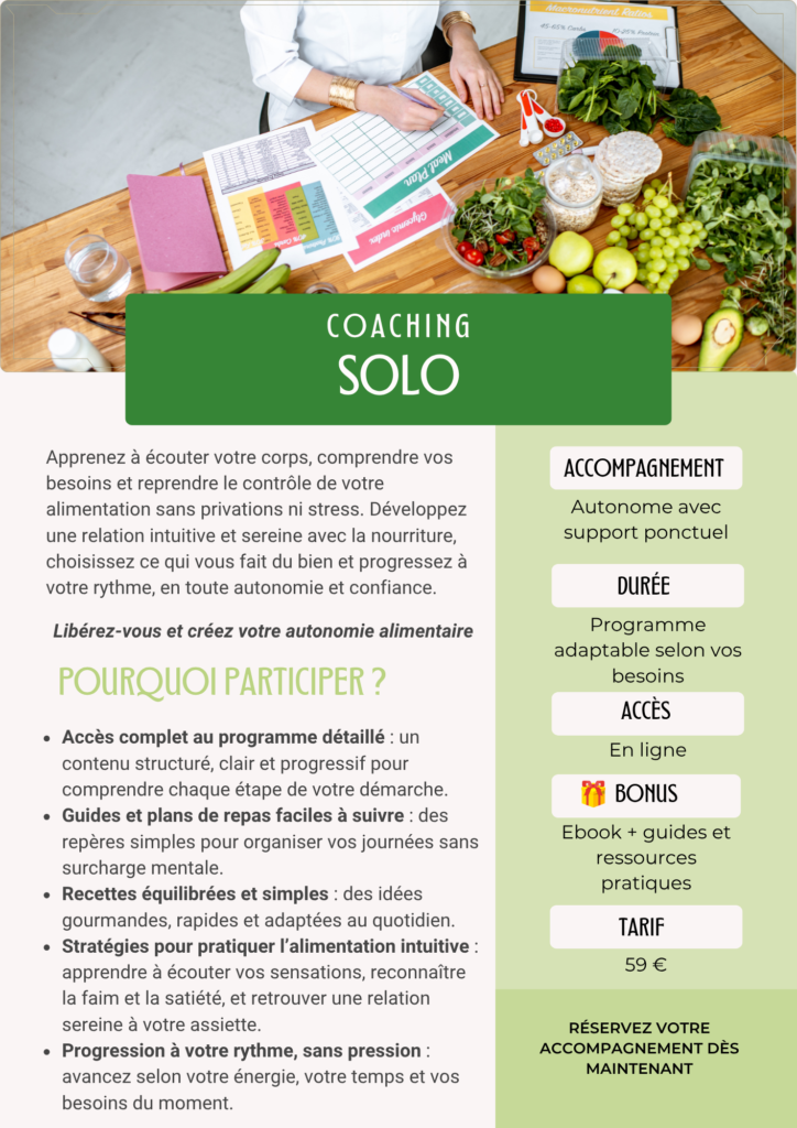 Programme nutrition solo pour apprendre à manger sainement et retrouver un équilibre alimentaire en autonomie.