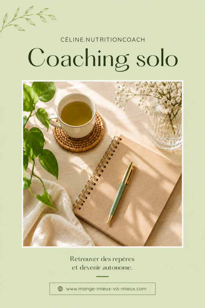 Photo du programme Coaching Solo montrant un aperçu des guides et fiches pratiques pour un coaching nutrition personnalisé, avec des recettes et outils pour progresser à son rythme.