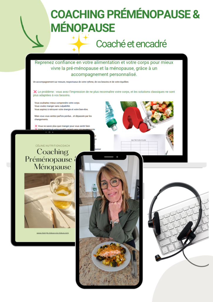 Page du coaching pré-ménopause et ménopause affichée sur une tablette, un ordinateur et un smartphone.