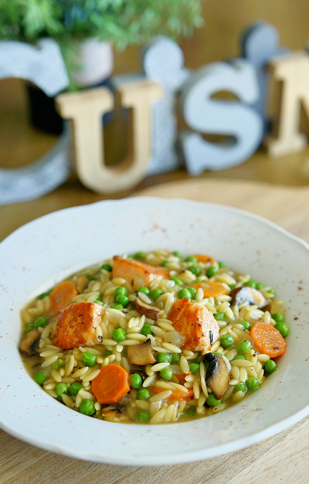 Orzo au saumon façon riz cantonnais dans une assiette, mélange gourmand de pâtes, saumon et légumes sautés