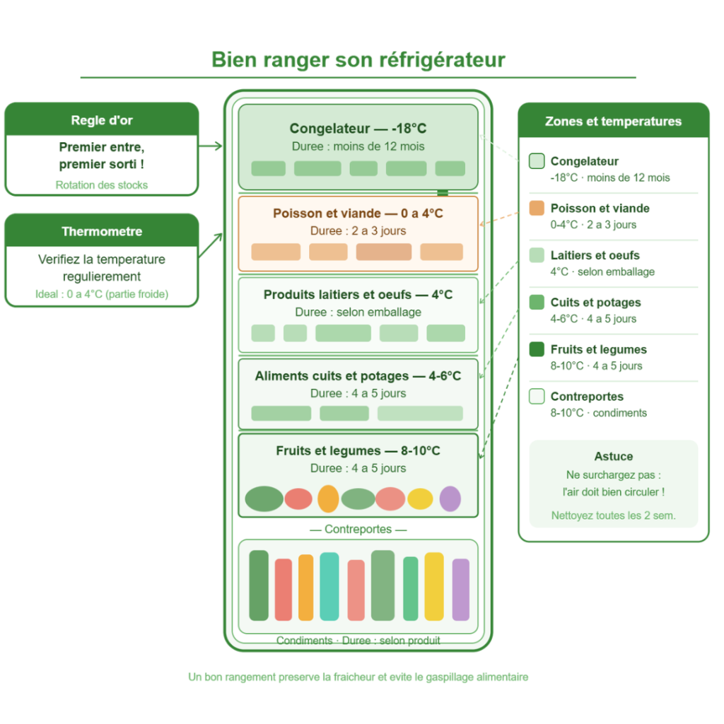 réfrigérateur bien rangé avec zones de conservation des aliments compartiments organisation froide légumes viande