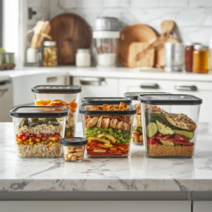 Plusieurs contenants en verre hermétiques avec des repas équilibrés préparés à l’avance pour le meal prep