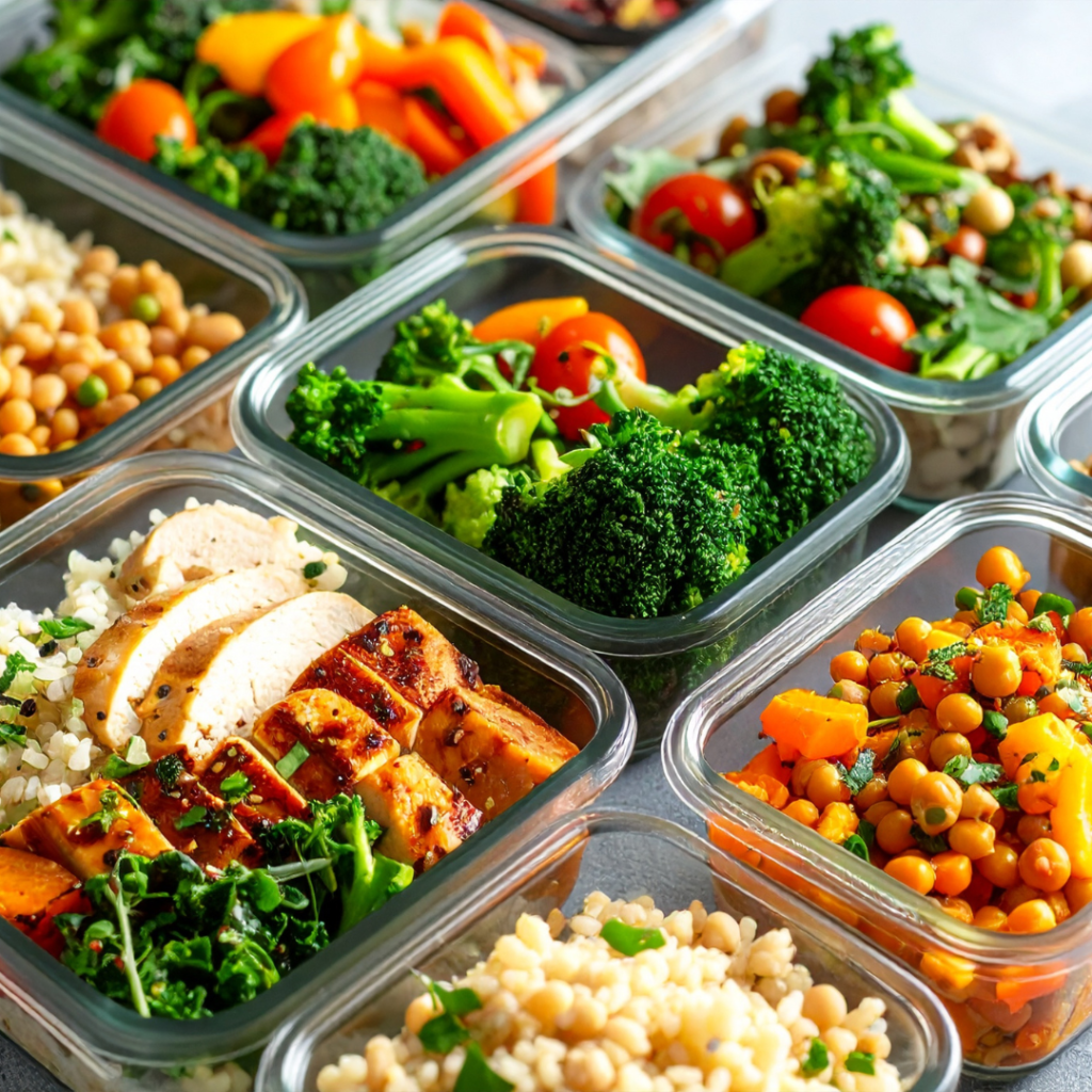 Différents contenants hermétiques utilisés pour organiser les repas en meal prep et conserver les aliments au réfrigérateur