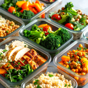 Différents contenants hermétiques utilisés pour organiser les repas en meal prep et conserver les aliments au réfrigérateur