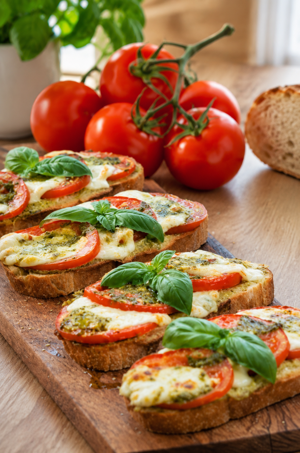Bruschetta au pesto, tomates et mozzarella