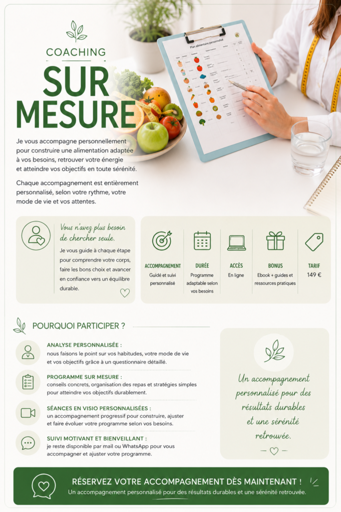 Coaching en nutrition sur mesure avec accompagnement personnalisé adapté aux besoins et objectifs de chacun.