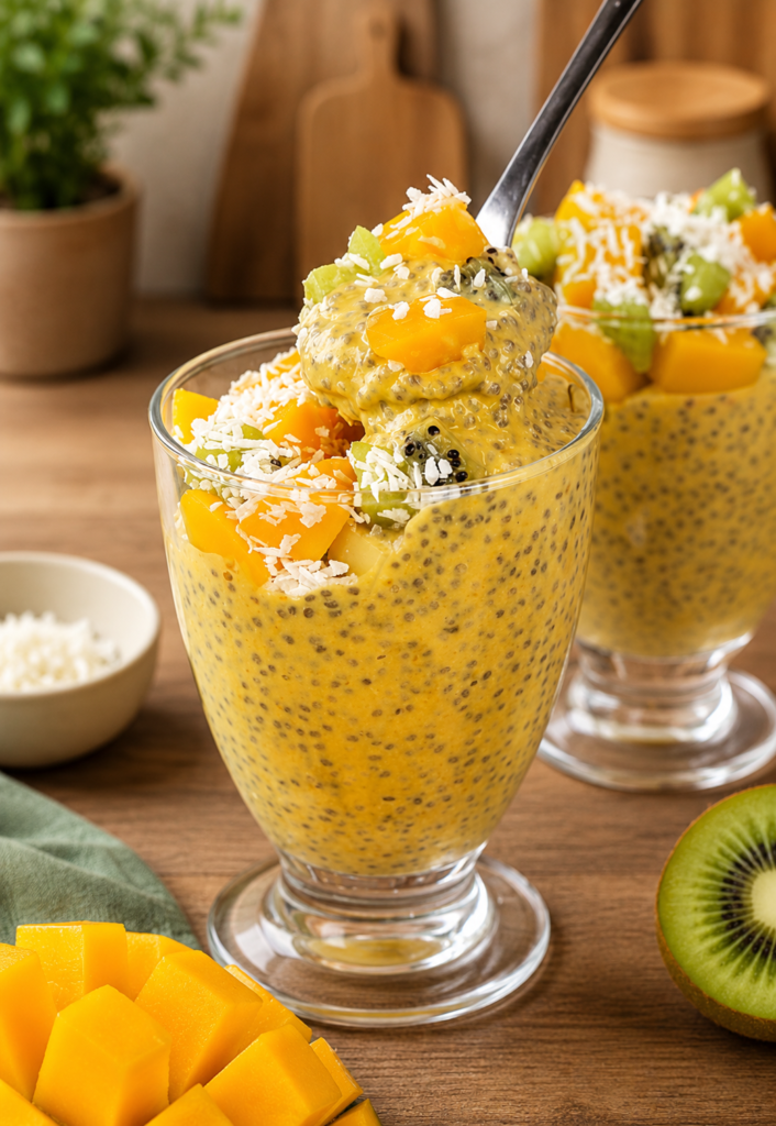 Verrine gourmande au chia avec une couche onctueuse de mangue et une touche de coco, pour un dessert sain et exotique.