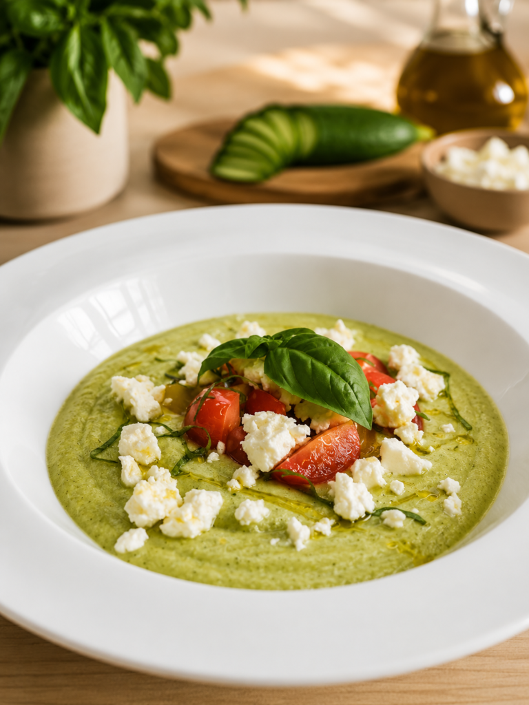 Un délicieux gaspacho vert, composé d'avocat crémeux, de courgette fraîche et de feta émiettée. Cette soupe froide est une explosion de saveurs fraîches et crémeuses qui raviront vos papilles lors des journées ensoleillées.