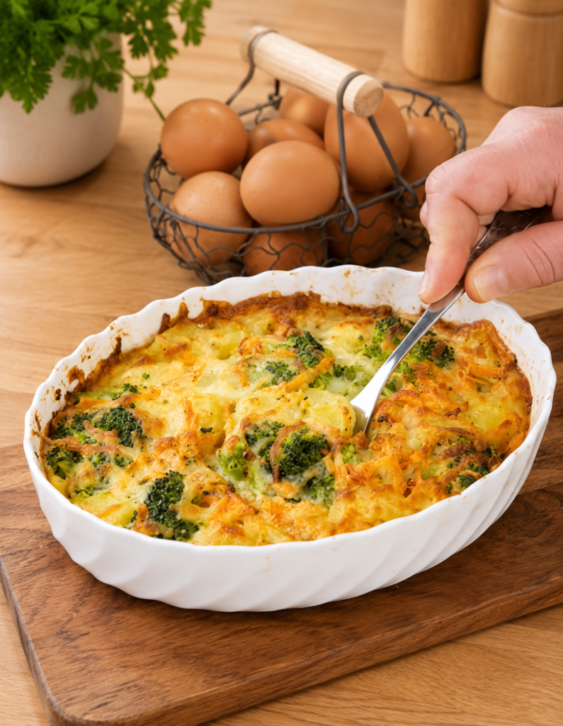 Gratin de brocoli, carotte et pomme de terre gratiné au four, servi dans un plat avec une belle croûte dorée.