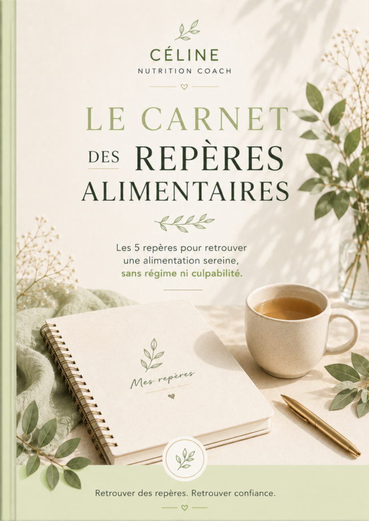 Couverture du Carnet des Repères Alimentaires, guide gratuit de Céline Nutrition Coach pour retrouver une alimentation sereine sans régime ni culpabilité.