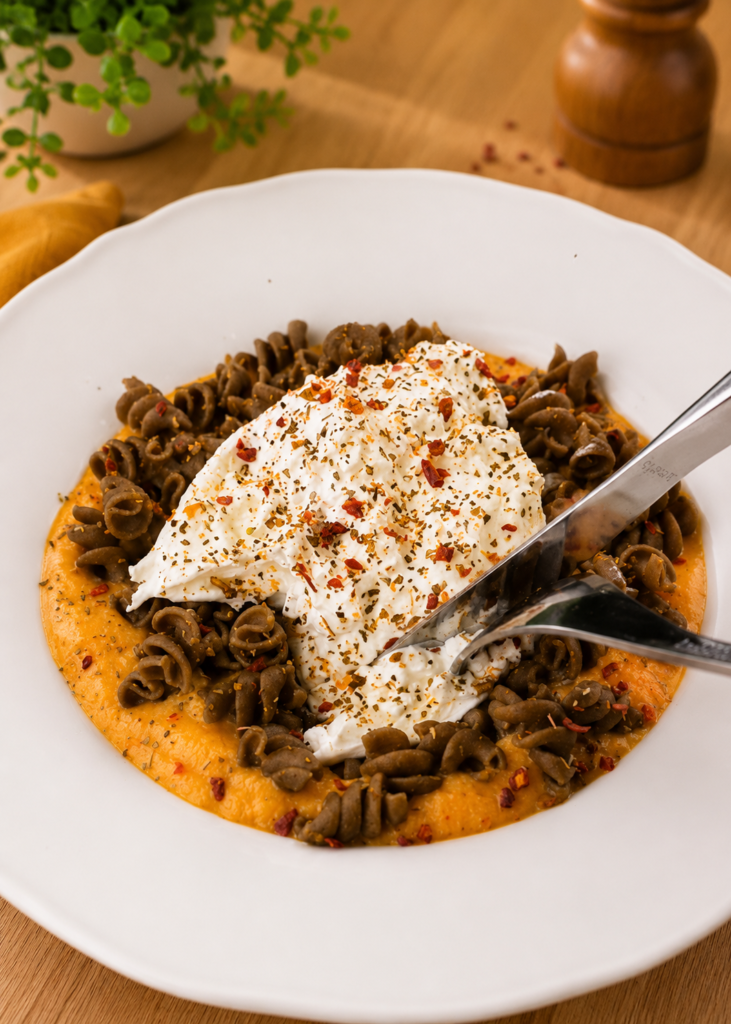 Pâtes aux légumes nappées d’une crème onctueuse de butternut, servies dans une assiette.