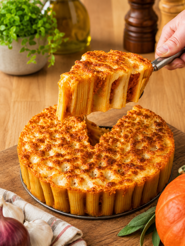 Gâteau de rigatoni gratinés au potimarron, doré au four et crémeux à l’intérieur.