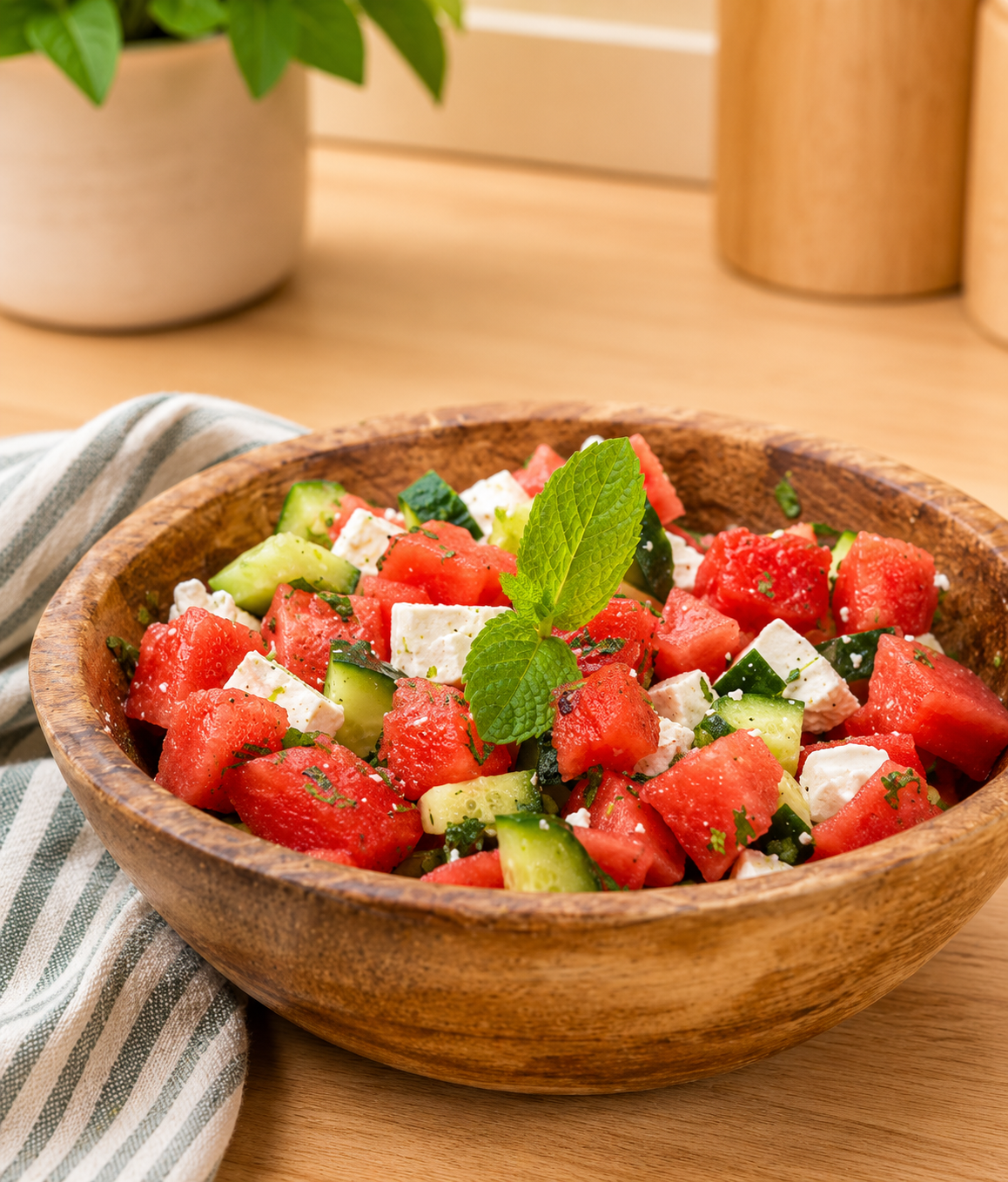 Salades rafraîchissante aux couleurs vives et aux textures croquantes. Cette salade de pastèque, concombre et feta est préparée avec soin, les ingrédients étant coupés en cubes uniformes. Les cubes juteux de pastèque sucrée se mêlent harmonieusement aux cubes de concombre frais et croquants. La feta, apporte une touche de crémeux et de salé à cette composition. Les couleurs vibrantes de la pastèque rose, du concombre vert se marient pour créer une image appétissante et attrayante. Quelques feuilles de menthe fraîche finement ciselées ajoutent une note de fraîcheur supplémentaire. Plongez dans cette combinaison savoureuse et profitez de la fraîcheur de chaque bouchée.