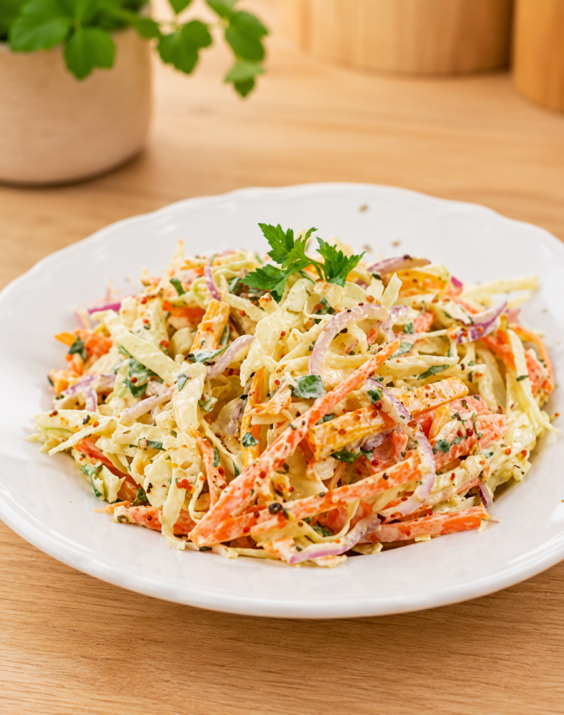Explorez la fraîcheur et l'harmonie de notre Salade de Chou à la Mimolette, un mariage parfait entre le croquant des légumes et la saveur audacieuse de la mimolette. Une explosion de textures et de goûts dans chaque bouchée, cette salade légère offre un festival de sensations pour éveiller vos papilles. Une expérience gustative qui marie la simplicité à la sophistication avec délice.