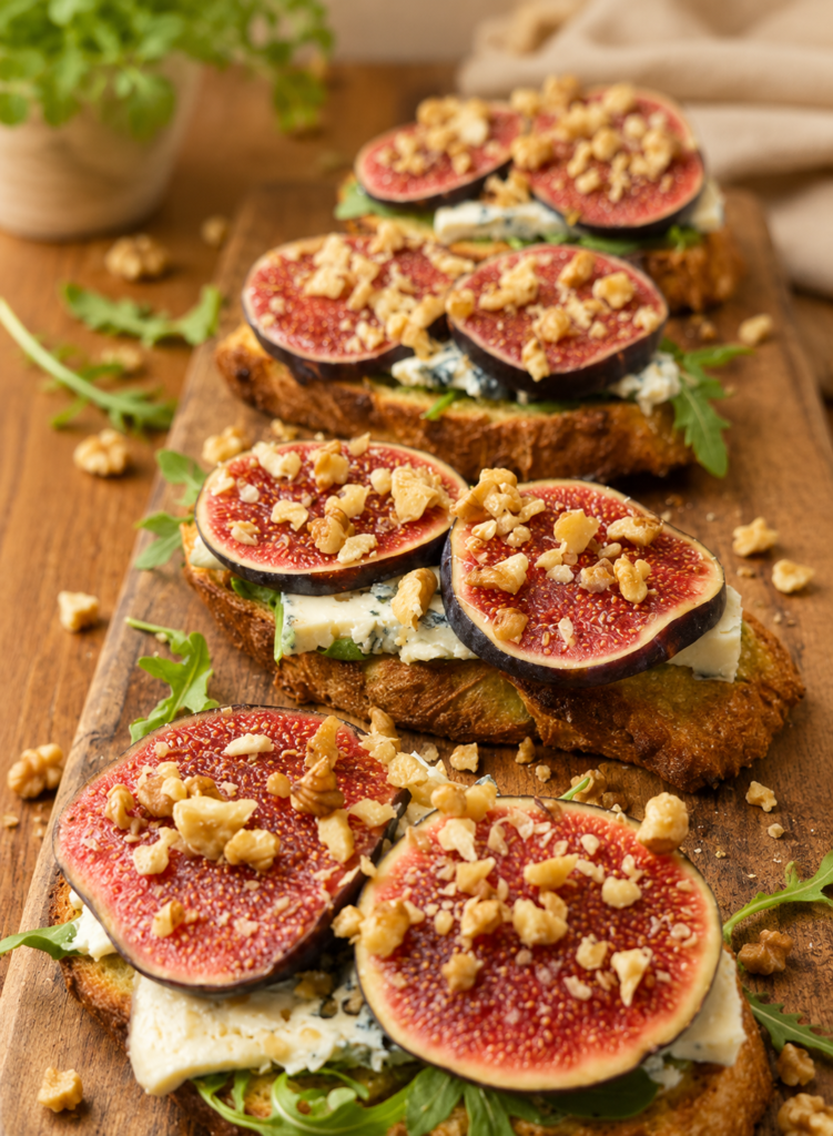 Des toasts croustillants garnis de figue fraîches et d'autres délicieuses garnitures, offrant un mélange de saveurs sucrées et salées qui éveillent les papilles.