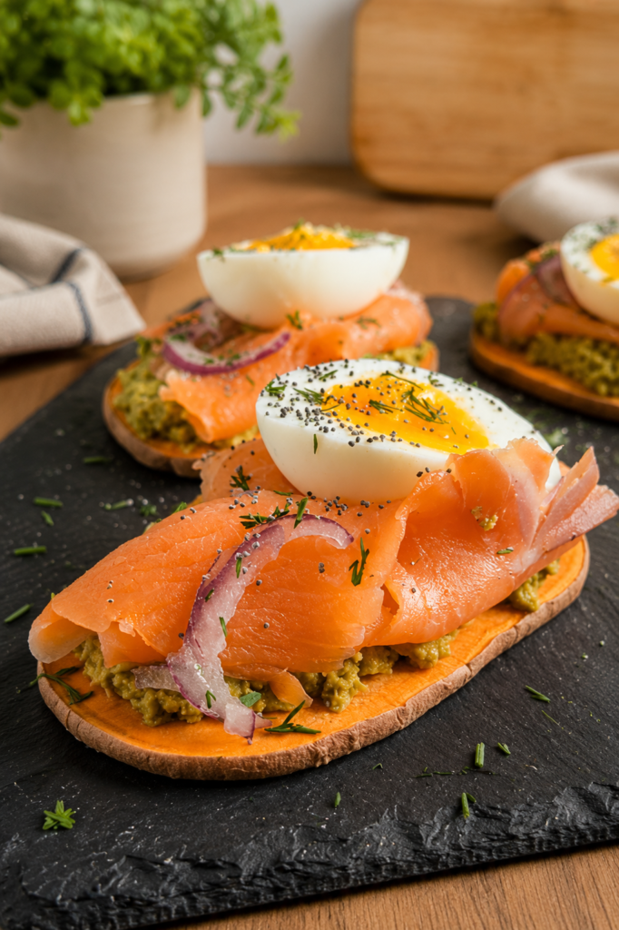 Image de toasts de patate douce grillés, garnis d'avocat frais, de truite fumée et d'oeufs durs. Les toasts sont présentés sur une ardoise noire avec une pincée de sel de mer et une touche d'aneth fraîche pour ajouter de la saveur