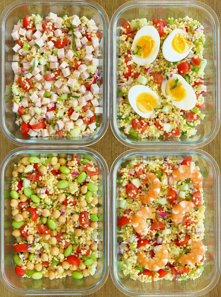 Spécial taboulé de boulgour en 4 versions avec poulet, œufs, pois chiches et crevettes pour le batch cooking