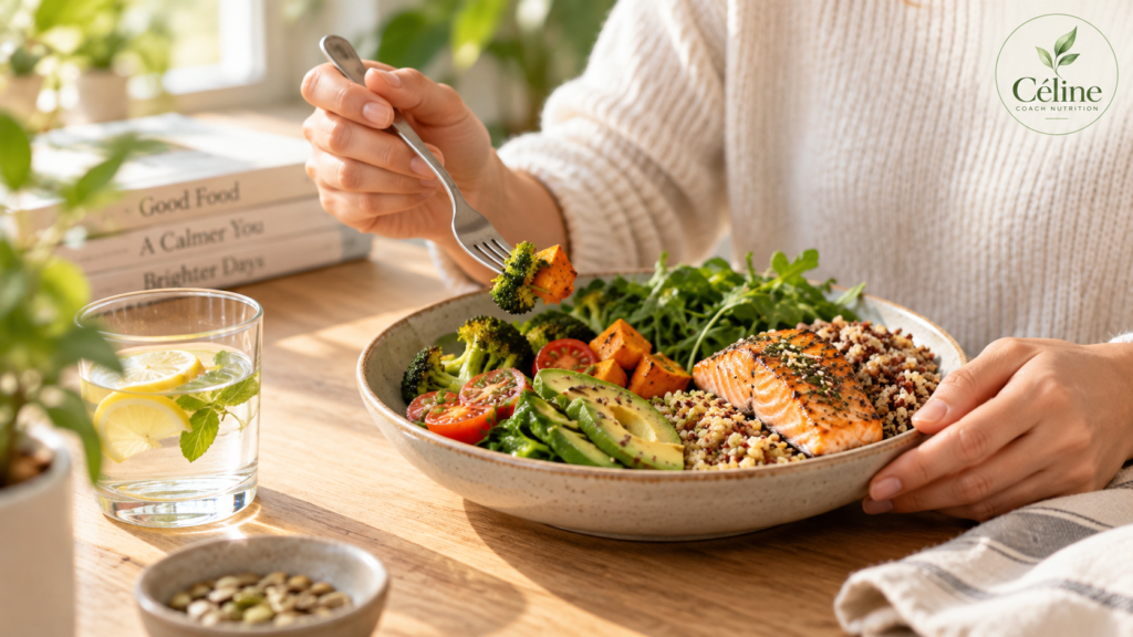 Repas équilibré illustrant la faim et la satiété