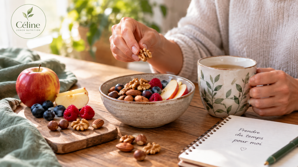 Collation équilibrée avec fruits et oléagineux pour illustrer le grignotage
