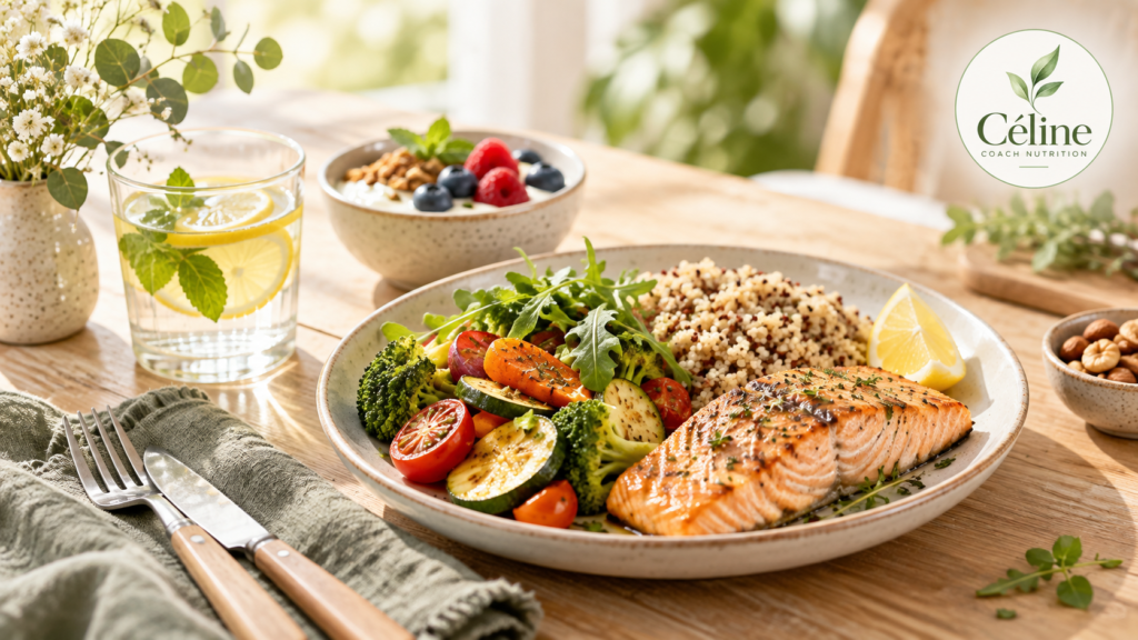 Assiette équilibrée avec saumon, quinoa et légumes pour illustrer une alimentation sans peser ni compter