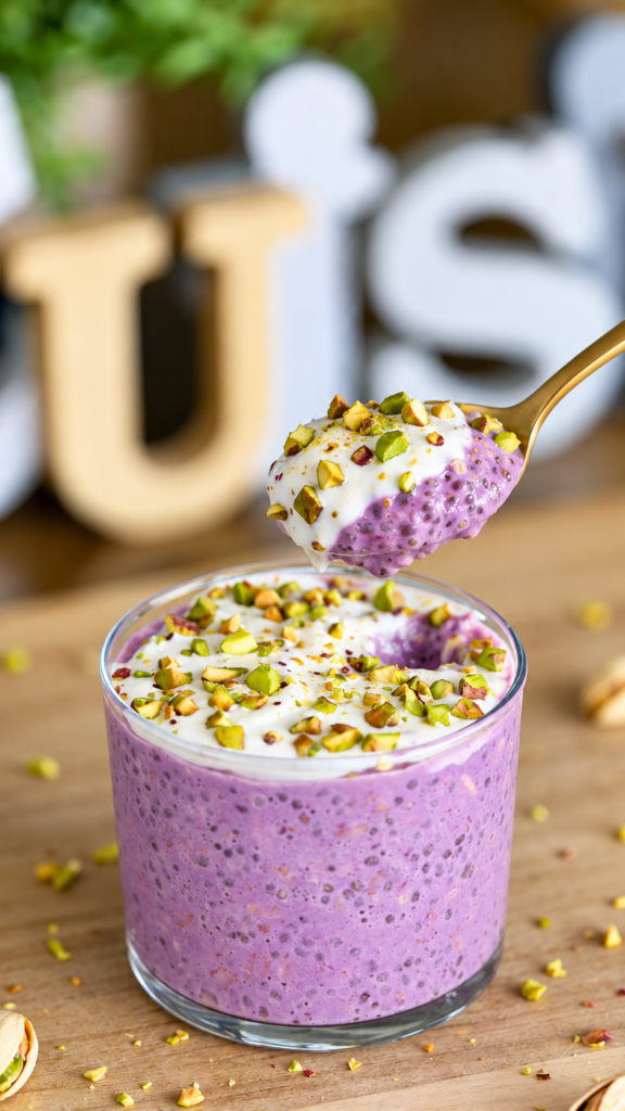 Overnight à l’ube et aux pistaches, crémeux et gourmand