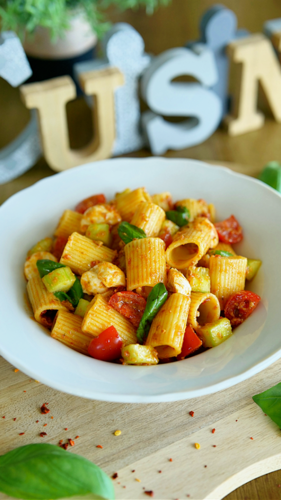 Salade de pâtes au pesto rosso avec tomates séchées et légumes frais